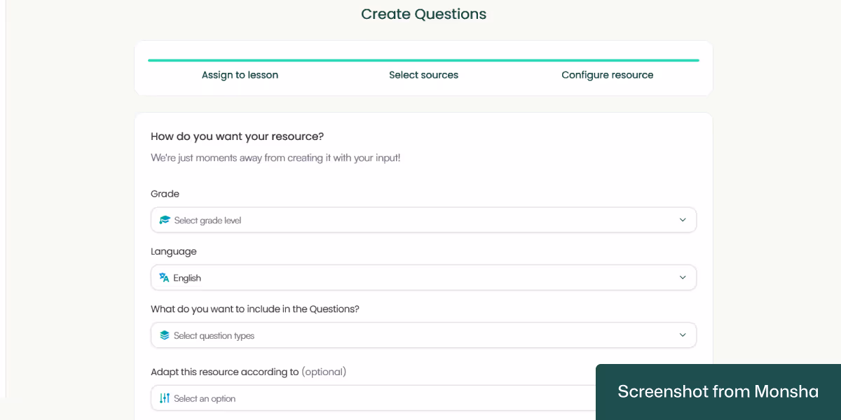 With Monsha, setting up requirements for generating quiz questions takes only a few clicks