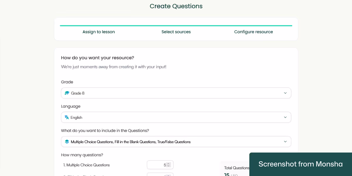 When creating quiz questions, you can include multiple question types with Monsha