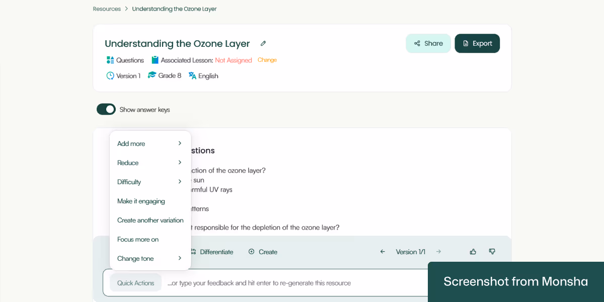 Customizing a set of AI-generated quiz questions with Monsha is super easy