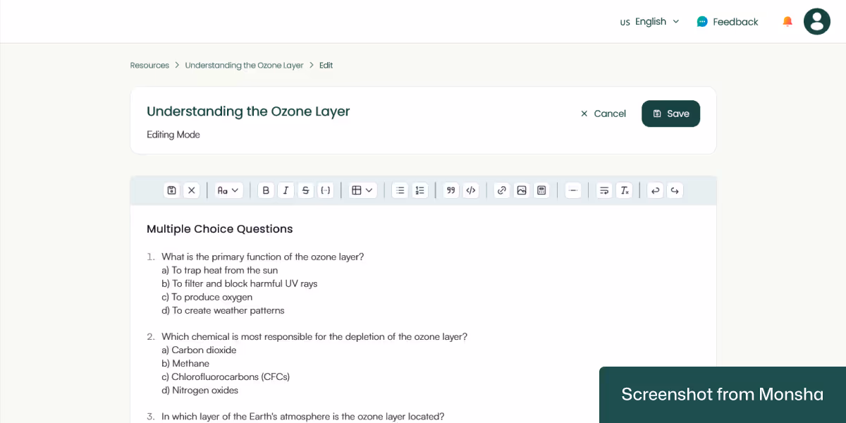 You can edit AI-generated quiz questions with Monsha