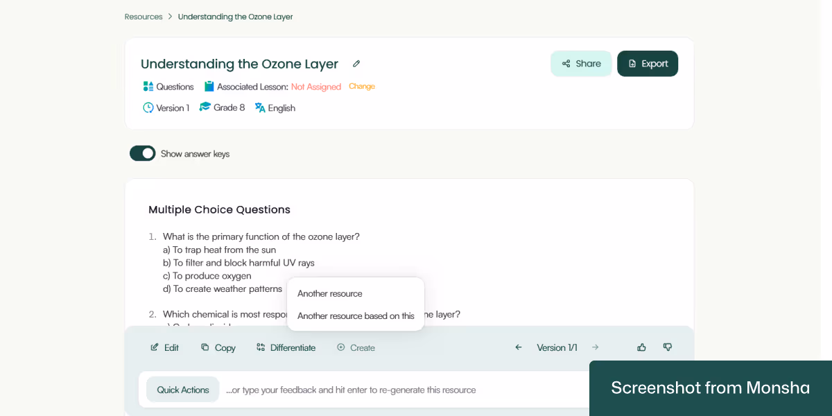 Create different types of teaching materials based on quiz questions with Monsha