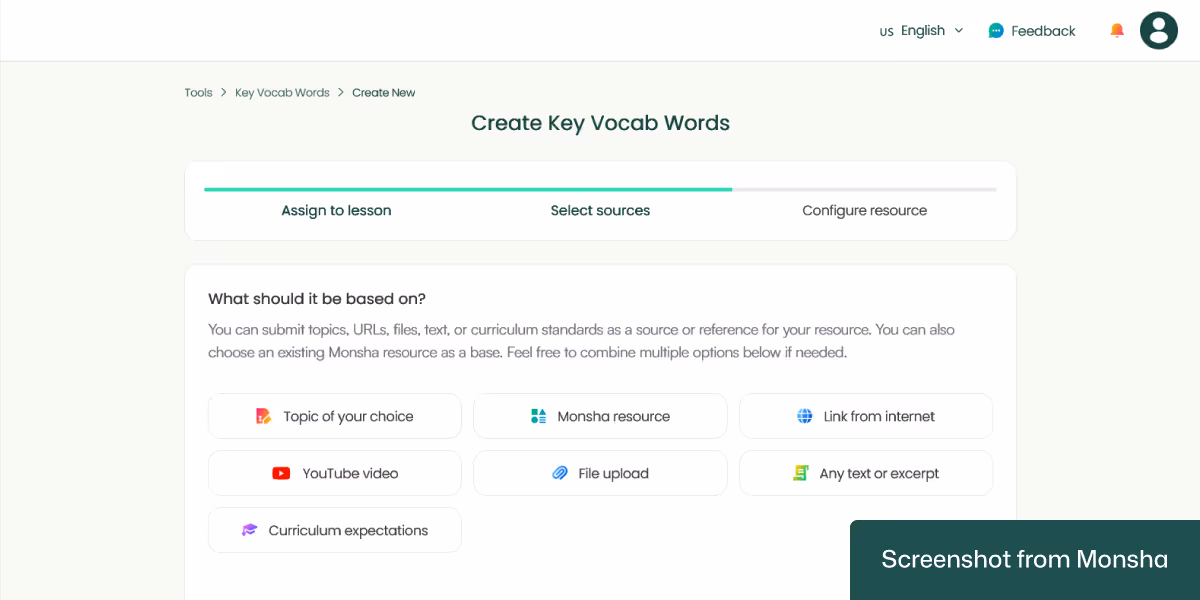With Monsha, you can select multiple sources to generate a vocabulary list