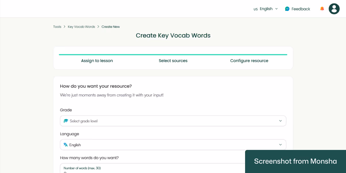 With Monsha, setting up requirements for generating vocabulary lists takes only a few clicks