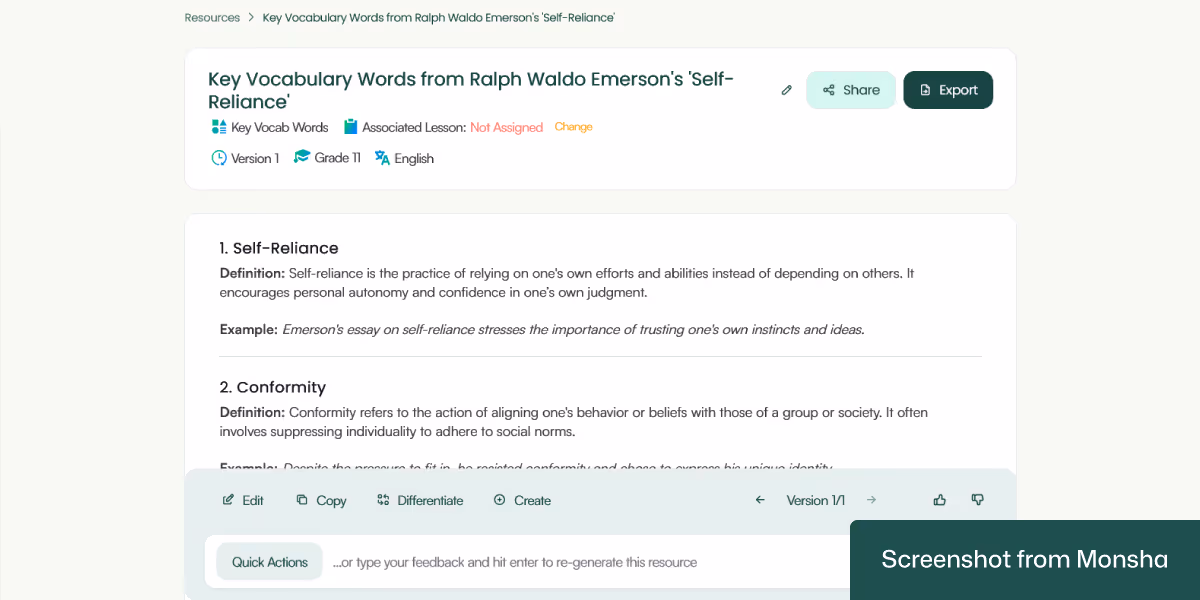 A vocabulary list generated based on an online link with Monsha