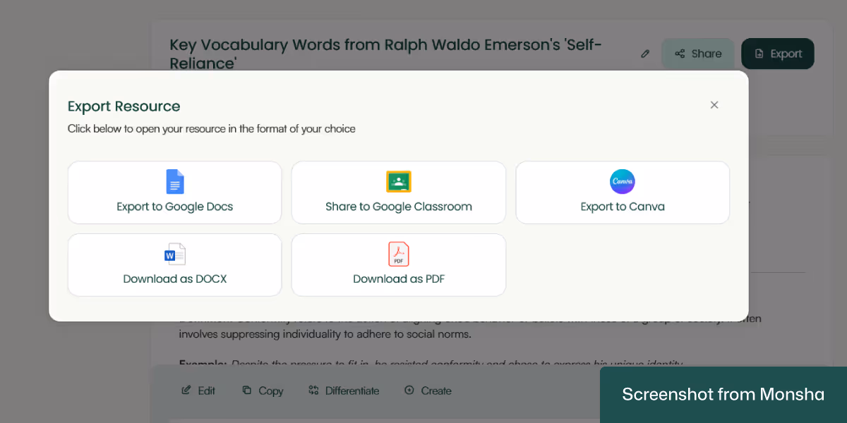 Export your AI-generated vocabulary lists from Monsha