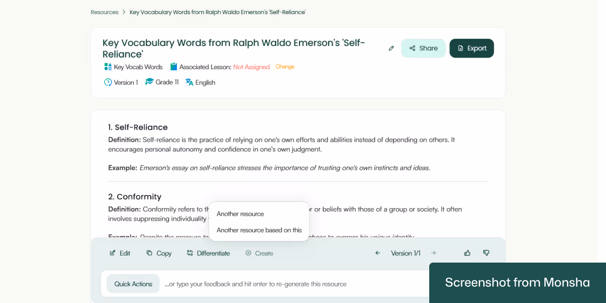 Create different types of teaching materials based on a vocabulary list with Monsha