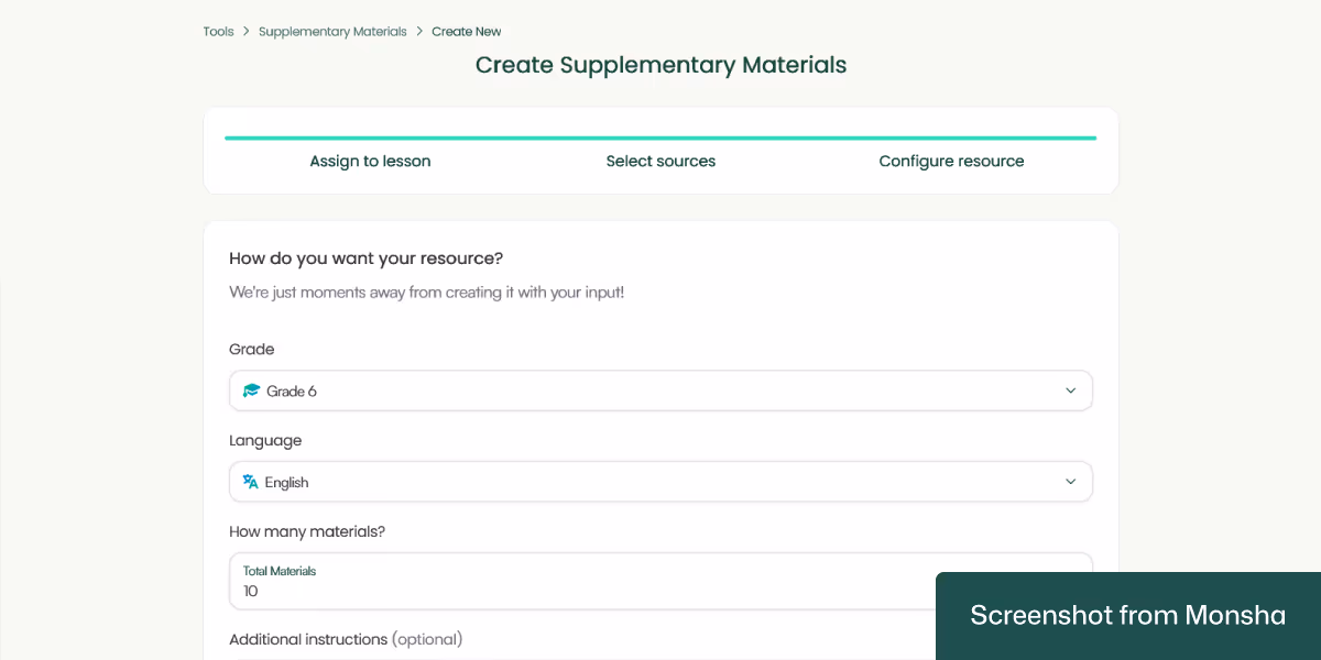 When finding supplementary teaching materials with Monsha, you can set your requirements based on grade level, language, and more