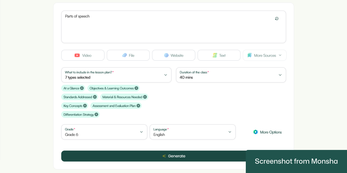 When creating lesson plans with Monsha, you can set your requirements based on grade level, language, and more