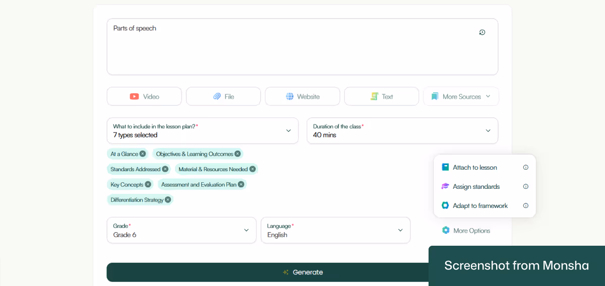 With Monsha's AI lesson plan generator, you can easily set curriculum standards or differentiation requirements