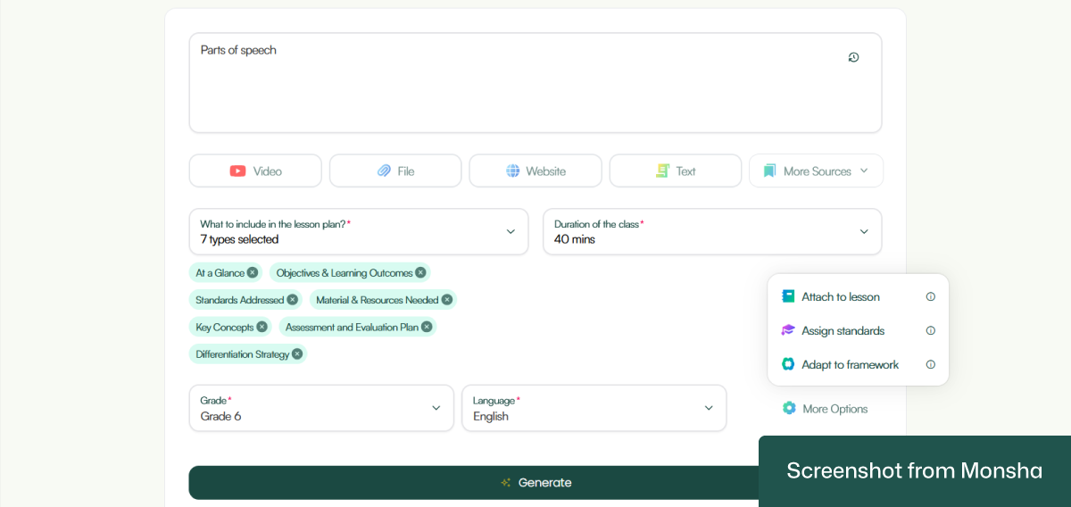With Monsha's AI lesson plan generator, you can easily set curriculum standards or differentiation requirements