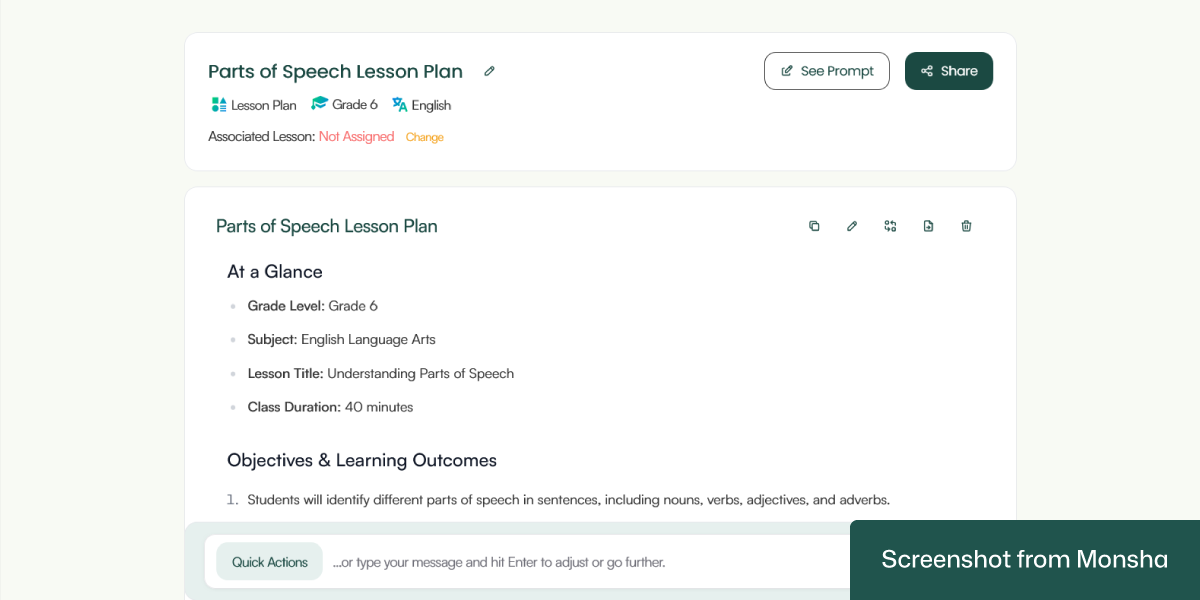 A topic-based lesson plan generated with Monsha