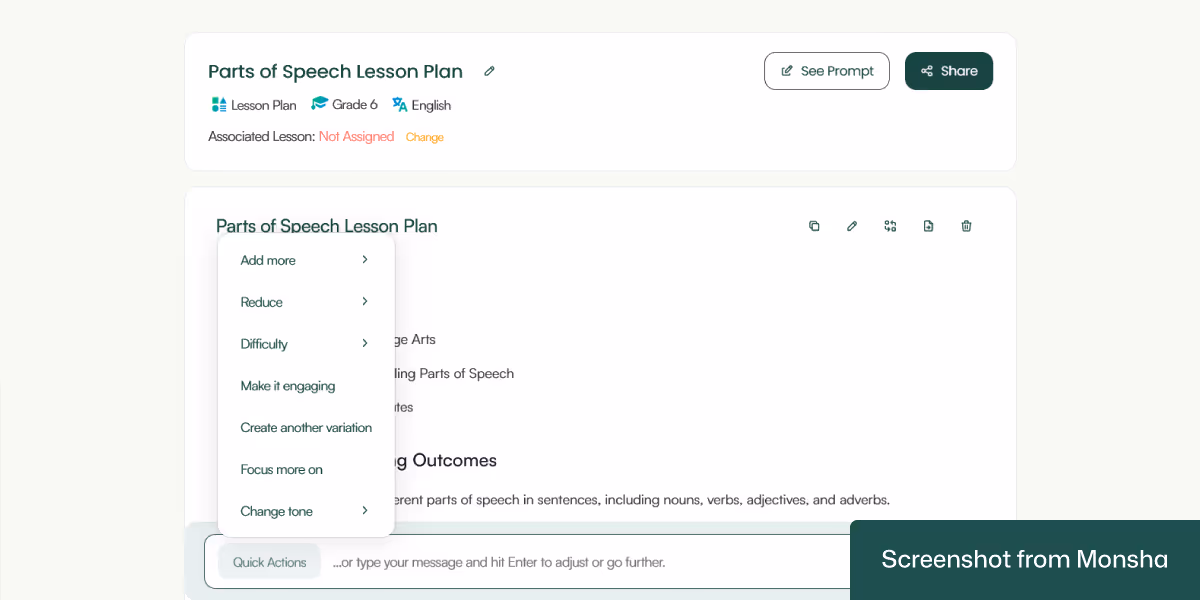 Customizing an AI-generated lesson plan with Monsha is super easy