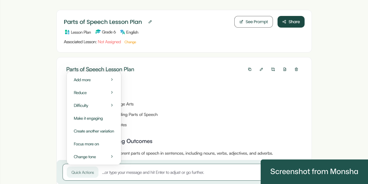 Customizing an AI-generated lesson plan with Monsha is super easy