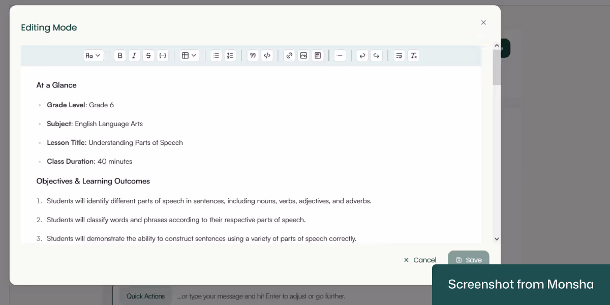 You can edit your AI-generated lesson plan with Monsha