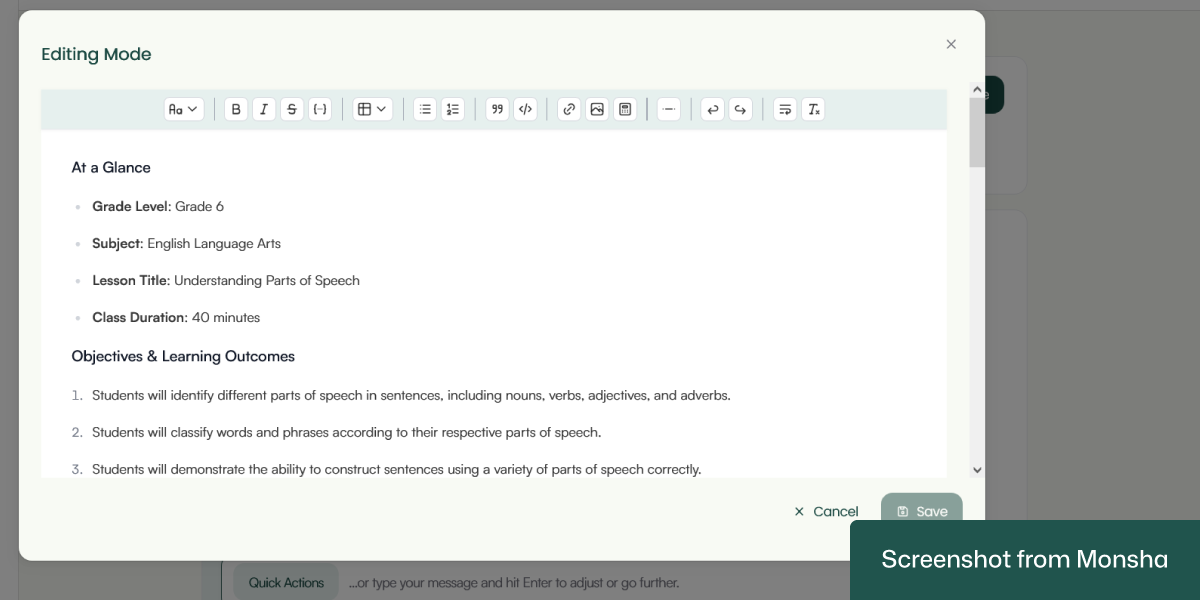 You can edit your AI-generated lesson plan with Monsha