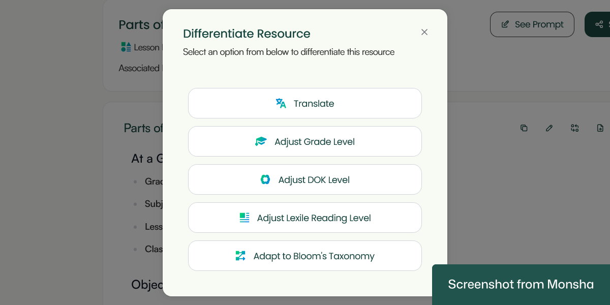 With Monsha, you can adapt your AI-generated lesson plan to your students' needs