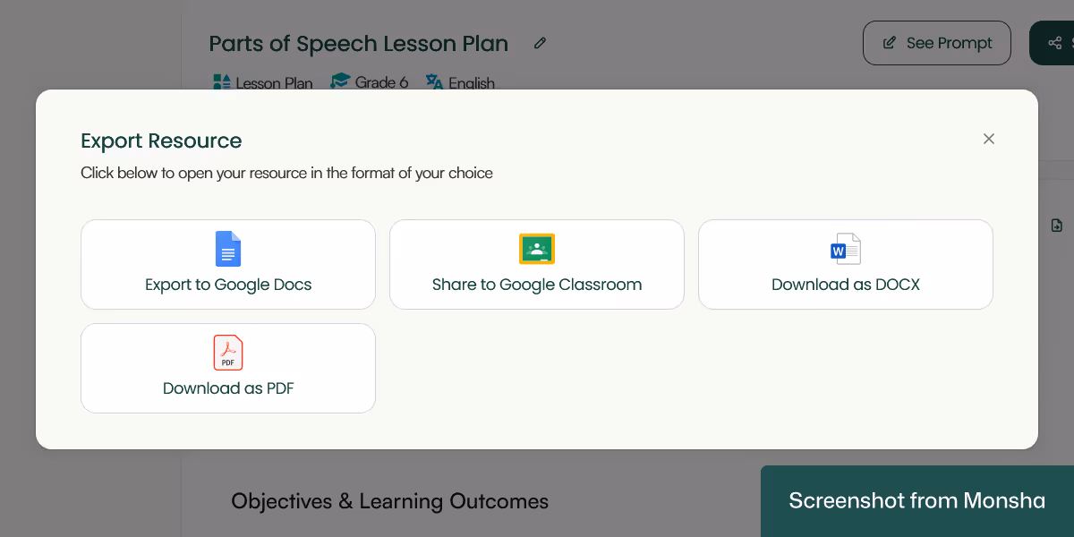Export your AI-generated lesson plan from Monsha