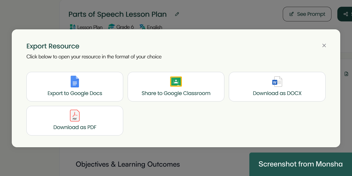 Export your AI-generated lesson plan from Monsha