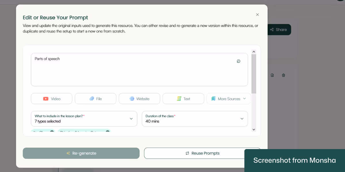 With Monsha, you can reuse your prompt to generate more resources