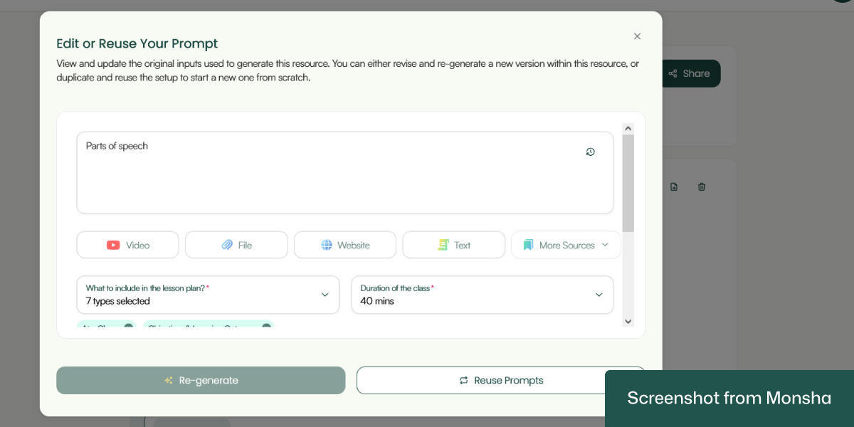 With Monsha, you can reuse your prompt to generate more resources