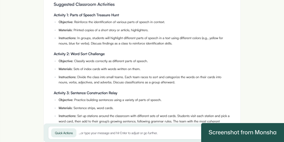 Follow-up instructions incorporated in a topic-based lesson generated with Monsha