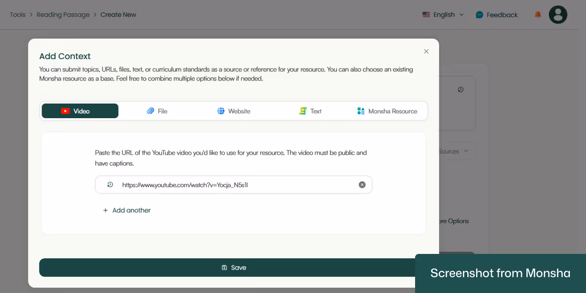 With Monsha, you can generate a reading passage from a YouTube video just by copy-pasting the link