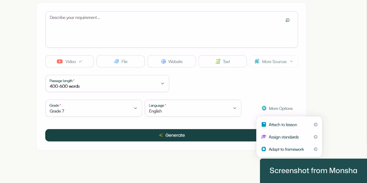 With Monsha's AI reading passage generator, you can easily set curriculum standards or differentiation requirements
