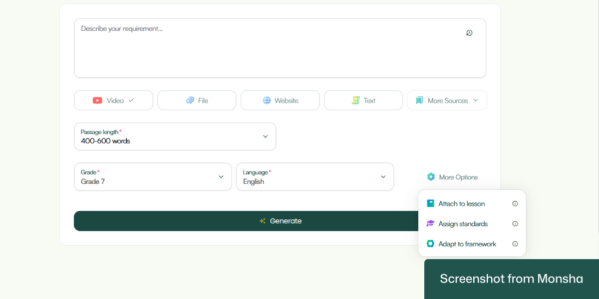 With Monsha's AI reading passage generator, you can easily set curriculum standards or differentiation requirements