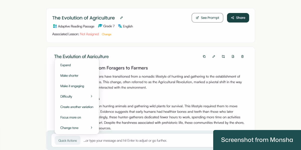 Customizing an AI-generated reading passage with Monsha is super easy