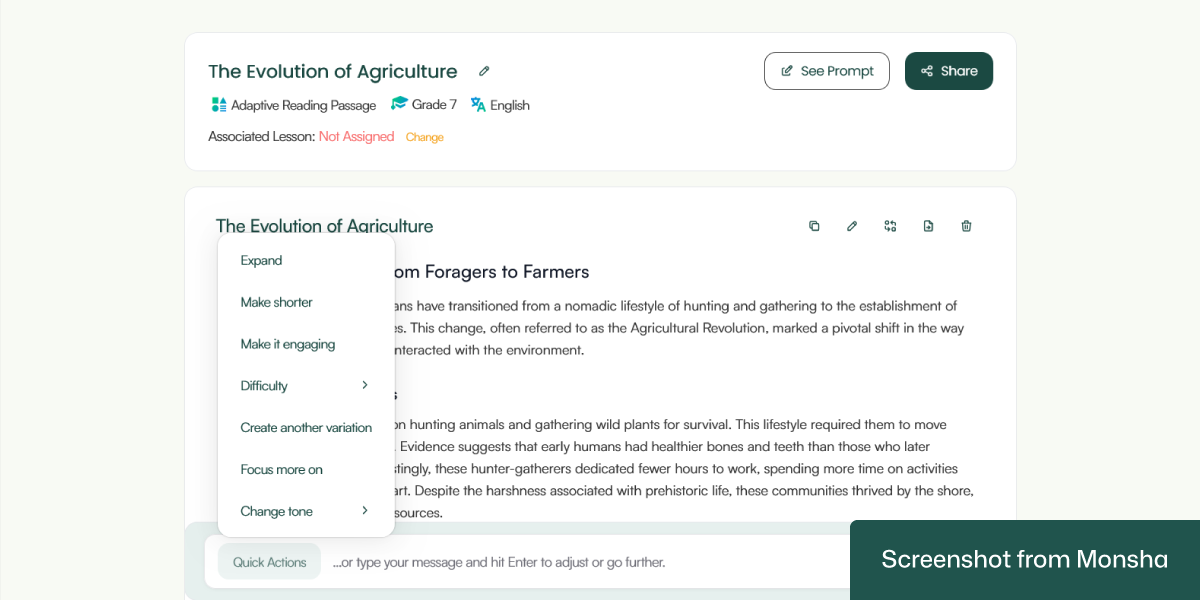 Customizing an AI-generated reading passage with Monsha is super easy