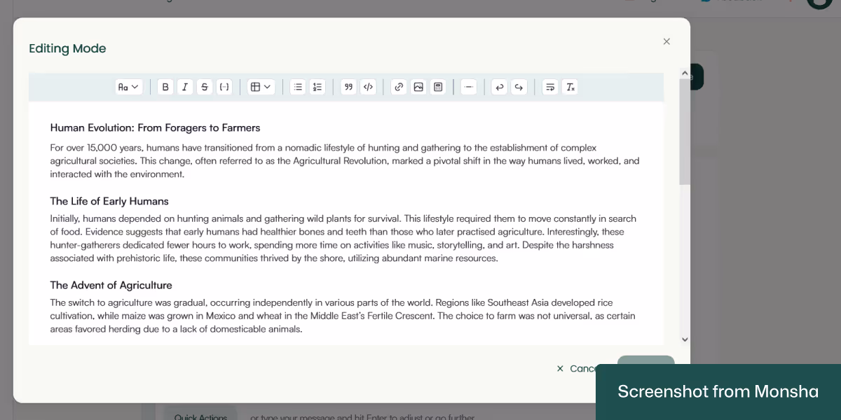 You can edit your AI-generated reading passage with Monsha