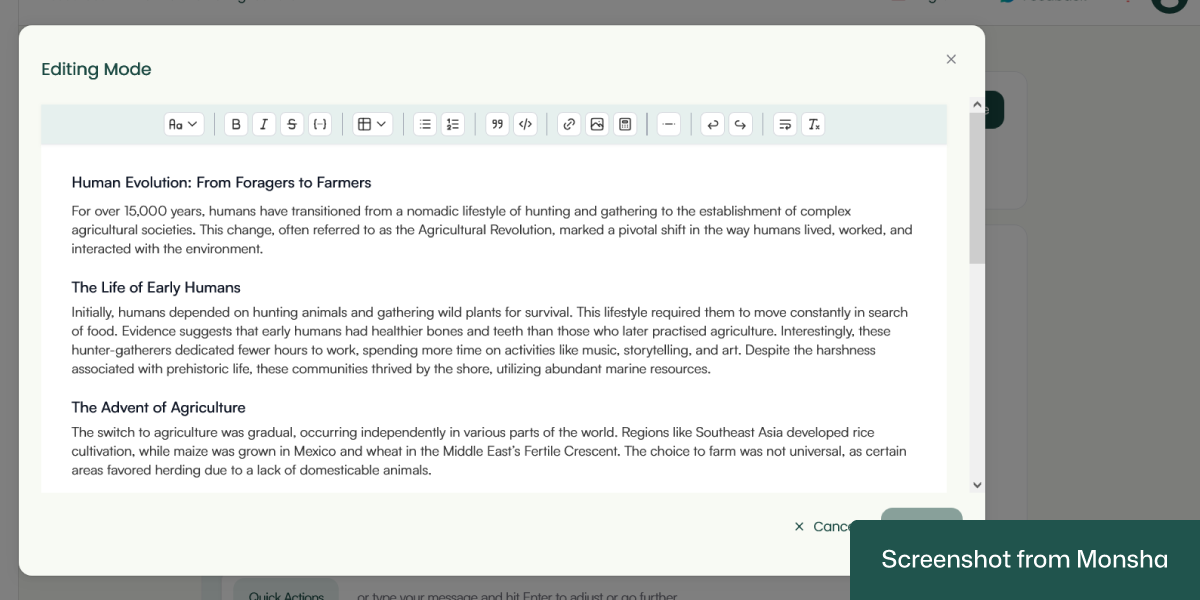 You can edit your AI-generated reading passage with Monsha