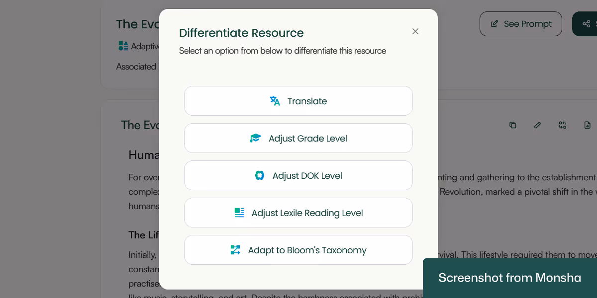 With Monsha, you can adapt your AI-generated reading passage to your students' needs