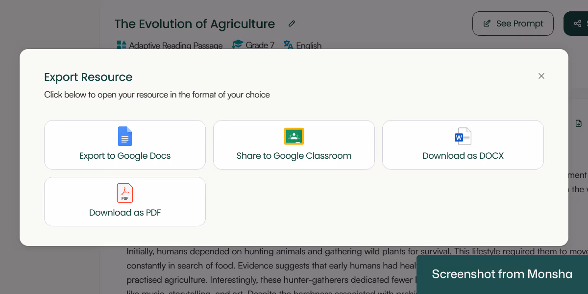 Export your AI-generated reading passage from Monsha