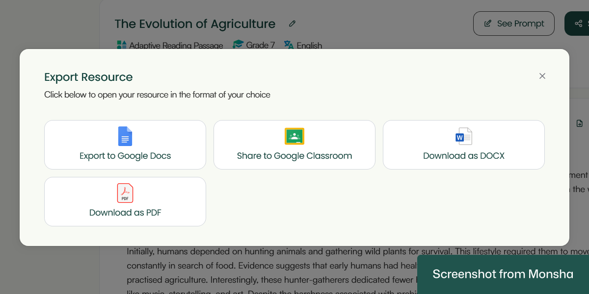 Export your AI-generated reading passage from Monsha