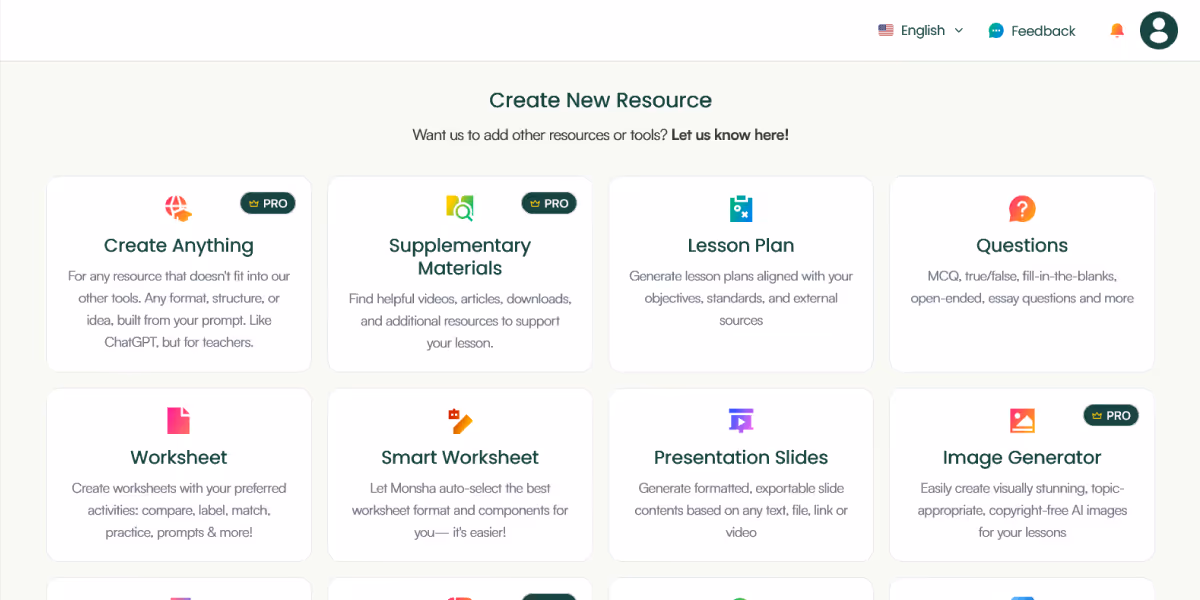 Monsha lets teachers and educators quickly create different types of resources with AI