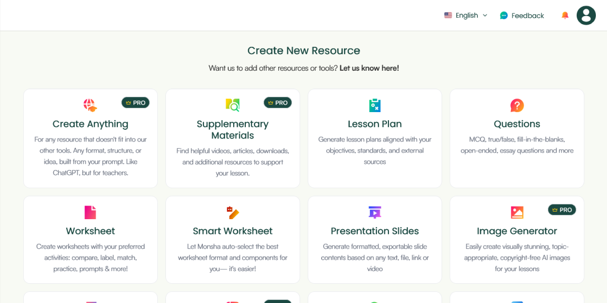 Monsha lets teachers and educators quickly create different types of resources with AI