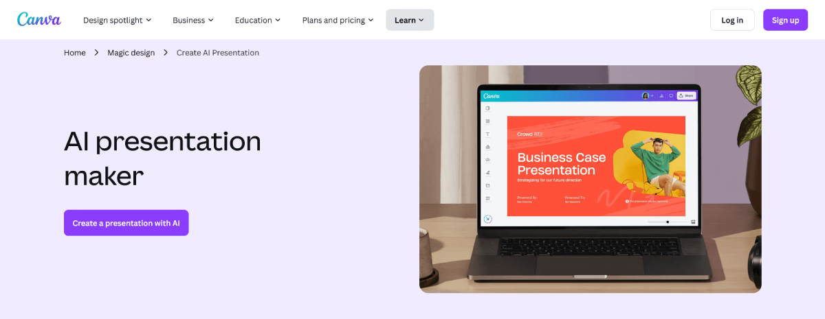 Canva's AI presentation maker is ideal for teachers needing quick presentation slides and easy export options