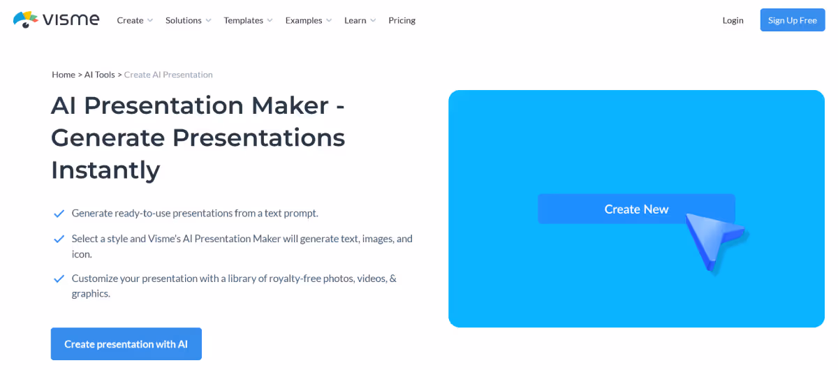 Visme's AI presentation maker is ideal for teachers needing powerful data visualization and interactive features