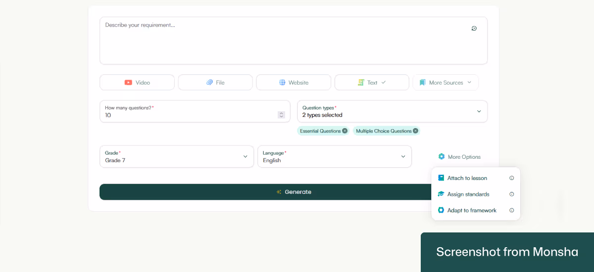 With Monsha's AI reading comprehension questions generator, you can easily set curriculum standards or differentiation requirements
