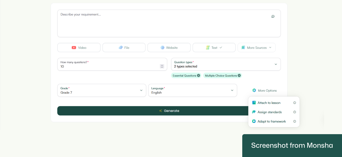 With Monsha's AI reading comprehension questions generator, you can easily set curriculum standards or differentiation requirements