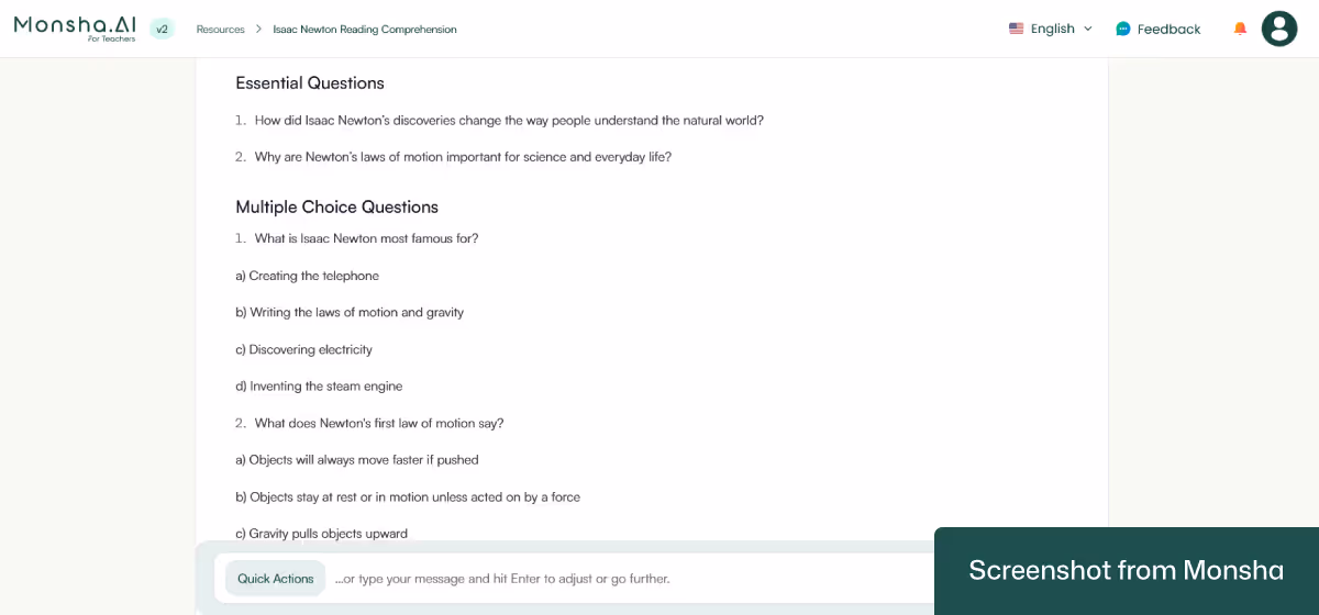 A set of reading comprehension questions generated from a passage with Monsha