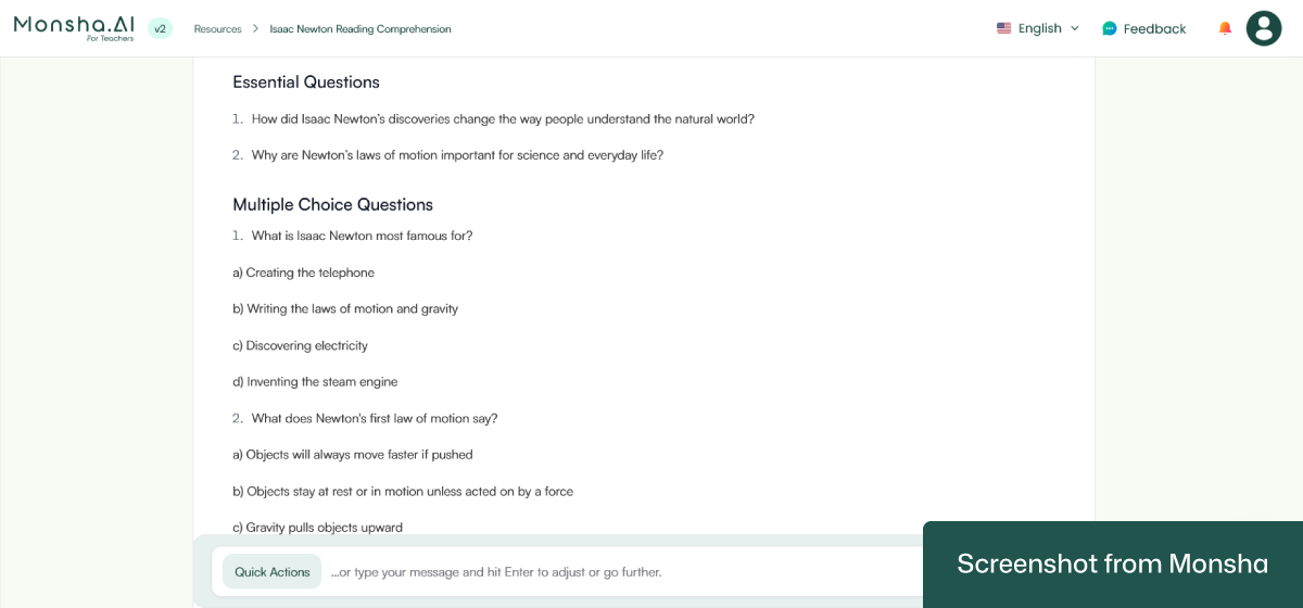 A set of reading comprehension questions generated from a passage with Monsha