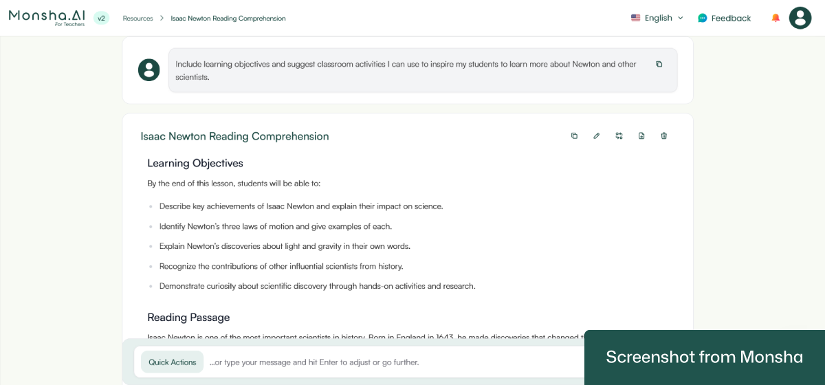 Follow-up instructions incorporated in a set of reading comprehension questions generated from text