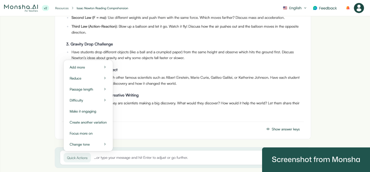Customizing AI-generated reading comprehension questions with Monsha is super easy