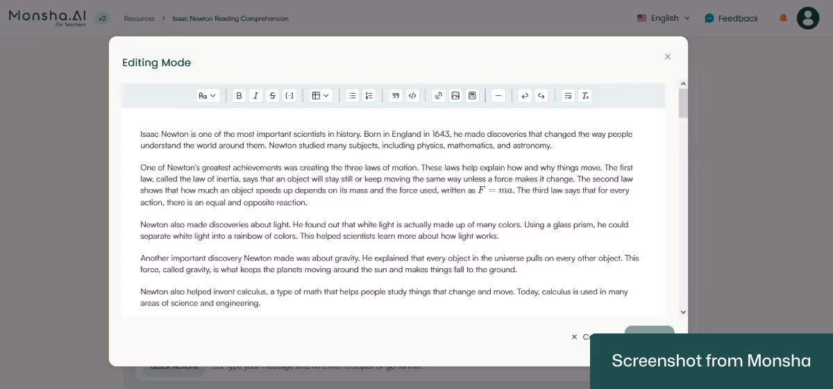 You can edit your AI-generated reading comprehension questions with Monsha