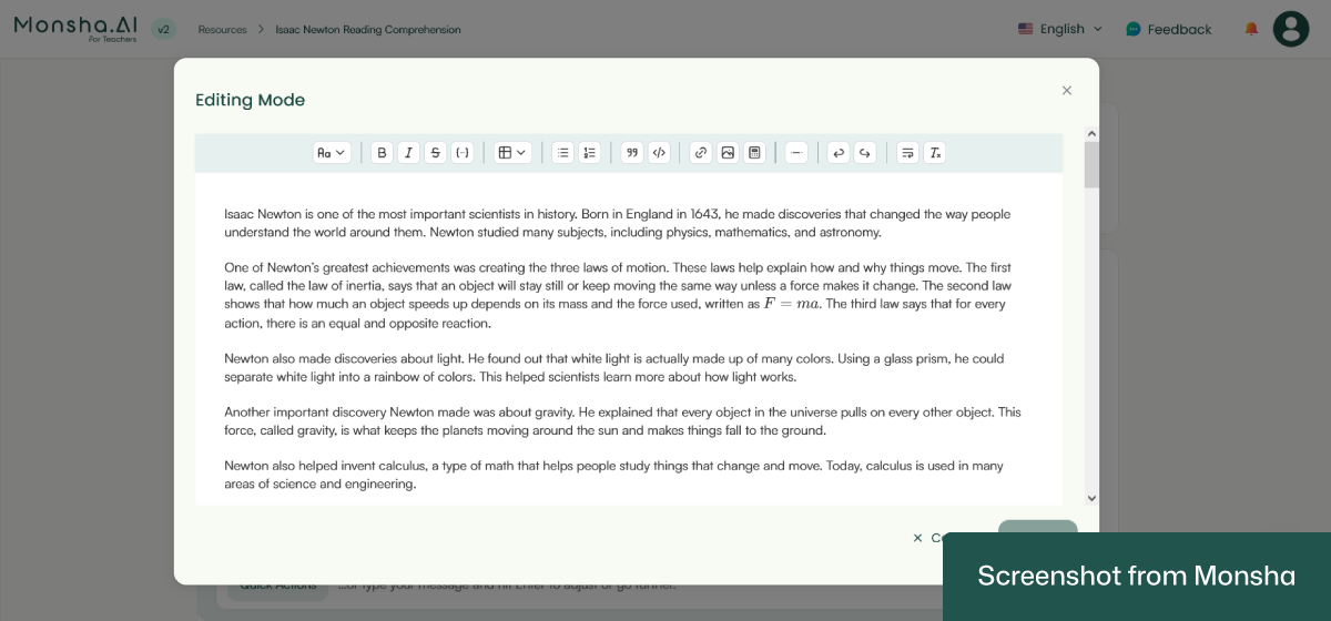 You can edit your AI-generated reading comprehension questions with Monsha