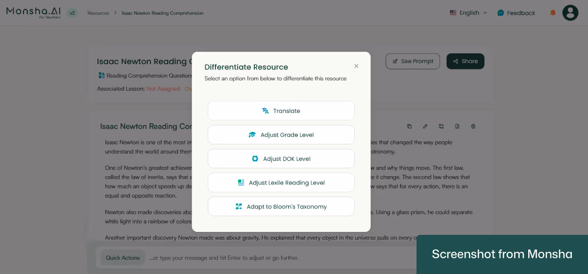With Monsha, you can adapt your AI-generated reading comprehension questions to your students' needs