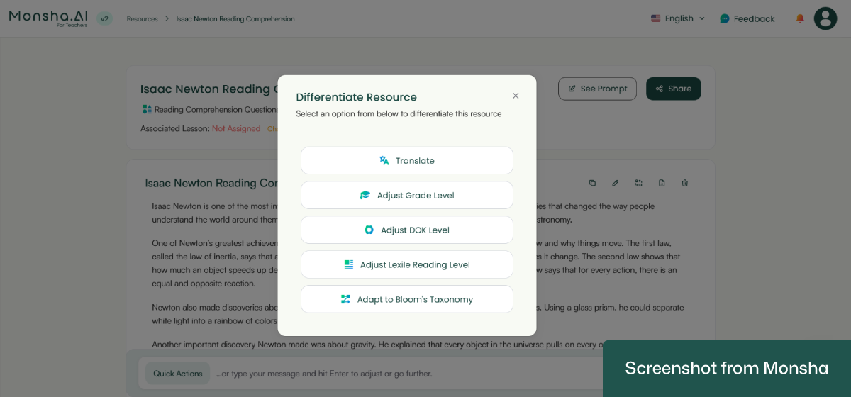 With Monsha, you can adapt your AI-generated reading comprehension questions to your students' needs
