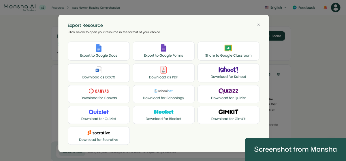 Export your AI-generated reading comprehension questions from Monsha